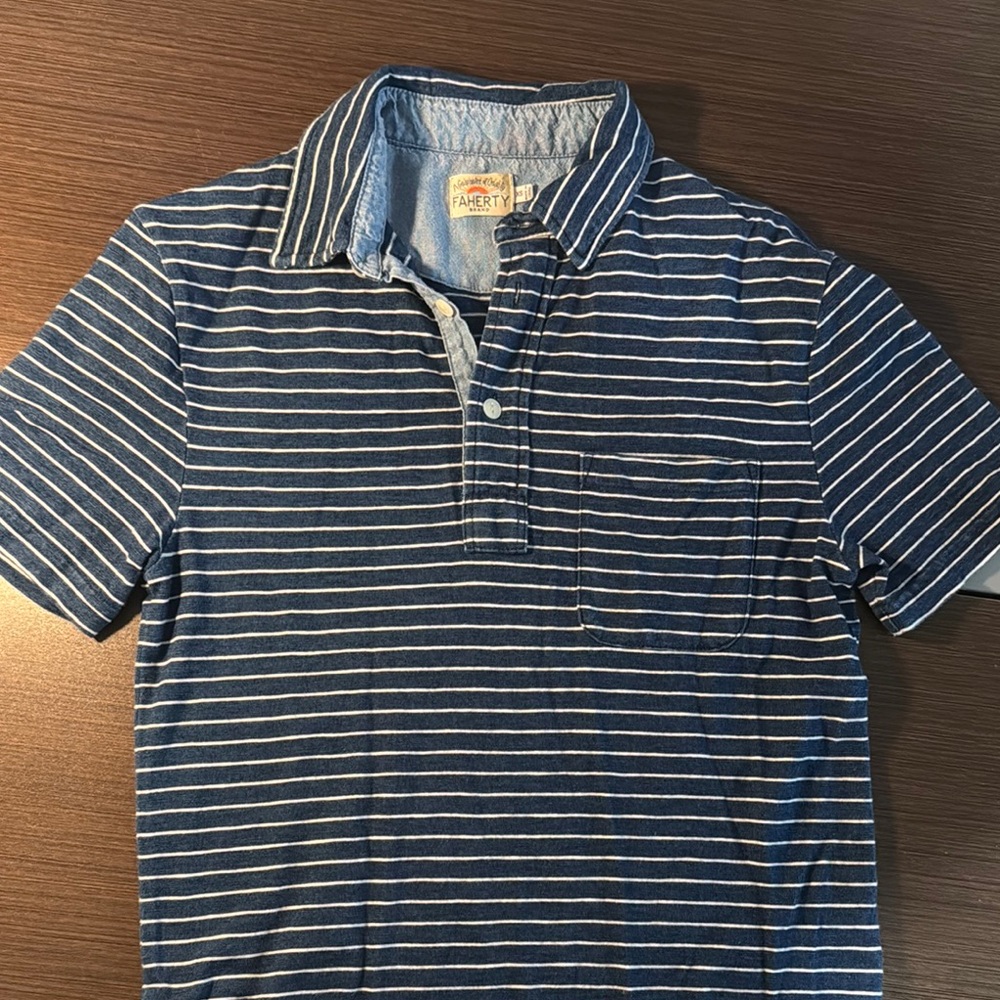 Faherty Blue and White Striped Polo Shirt